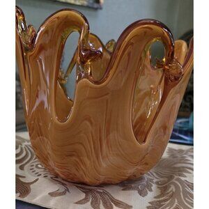 Beautiful,  Murano Italy Vase Bowl White Orange Amber Swirled Glass
